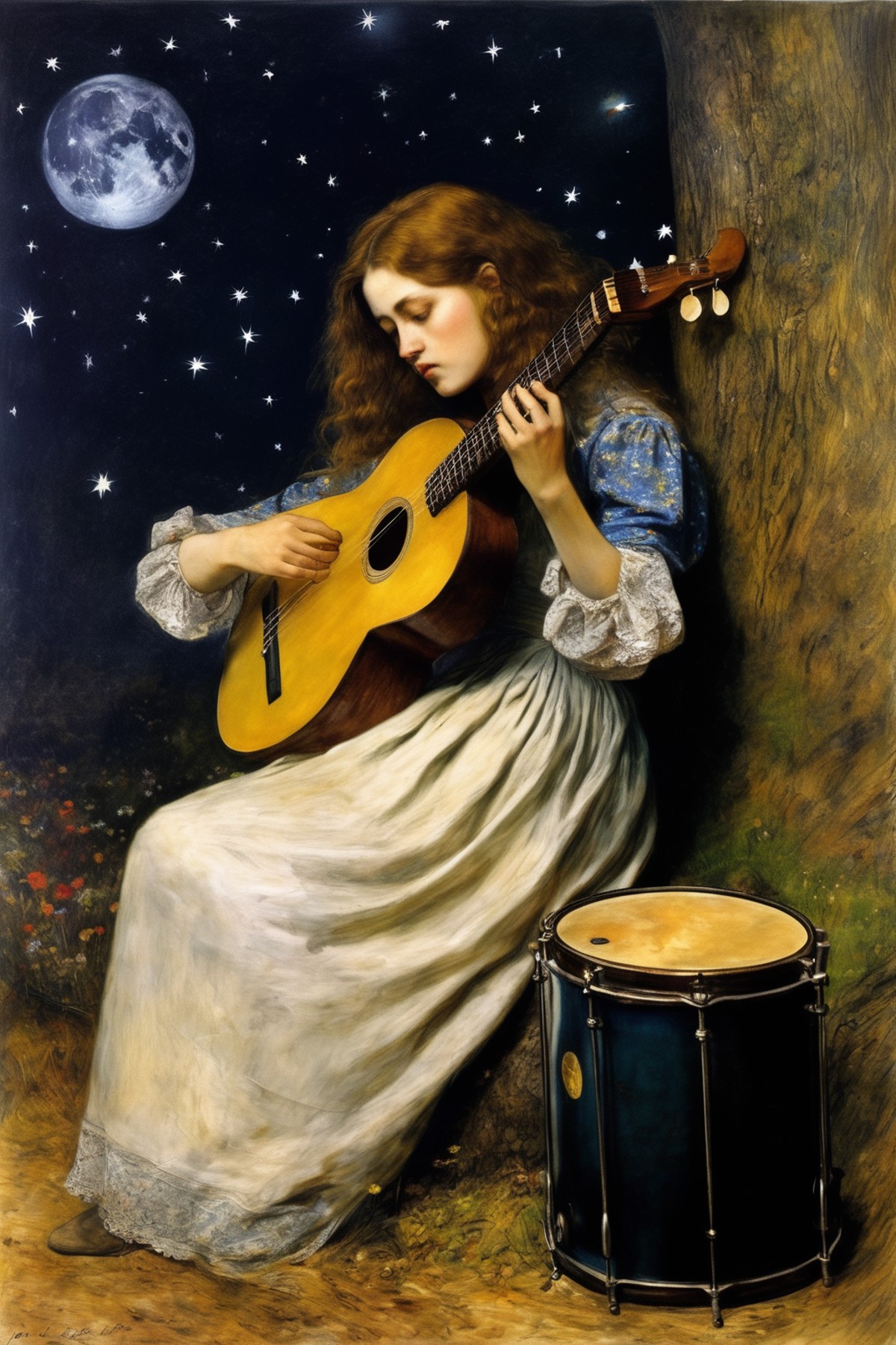 John Everett Millais Style - mir al silencio y vi campos de estrellas. Y un Arpa callada y a Ofelia muerta. In the drums i...